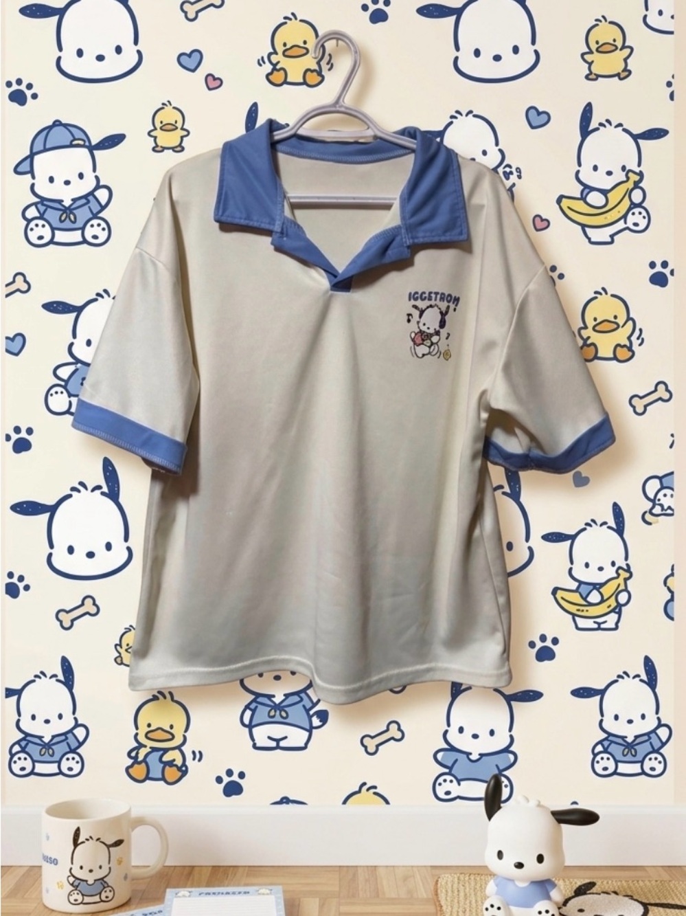 Cream Polo Top with Light Blue Trim and Pochacco Graphic